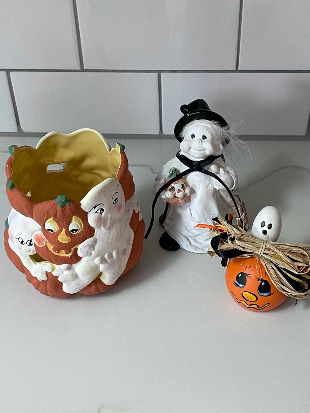 Vintage Halloween Decor Bundle - Hand-Painted Figurines and Candle Holder
